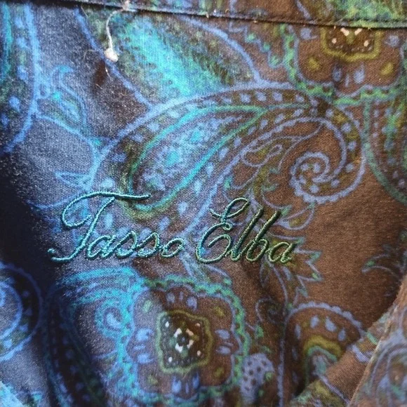 Tasso Elba Blue Paisley Short Sleeve Button Shirt Men's Size L 16 16 1/2 Beach - Picture 2 of 9